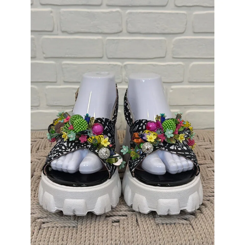 Betsey Johnson Selah Platform Sandals Black White Floral Size 7